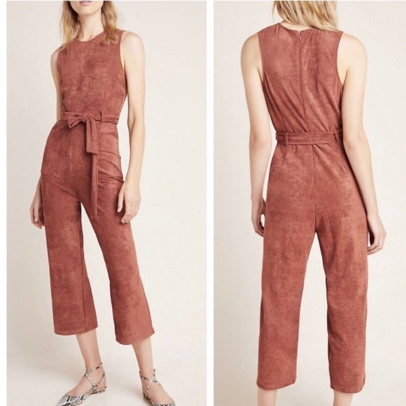 Anthropologie Pants - Anthropologie Rust Vegan Suede Wide Leg Cropped Jumpsuit Size Small